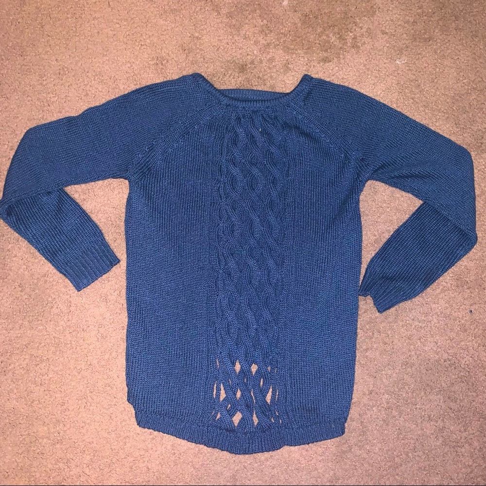 Blue knit sweater with open braided back detailing